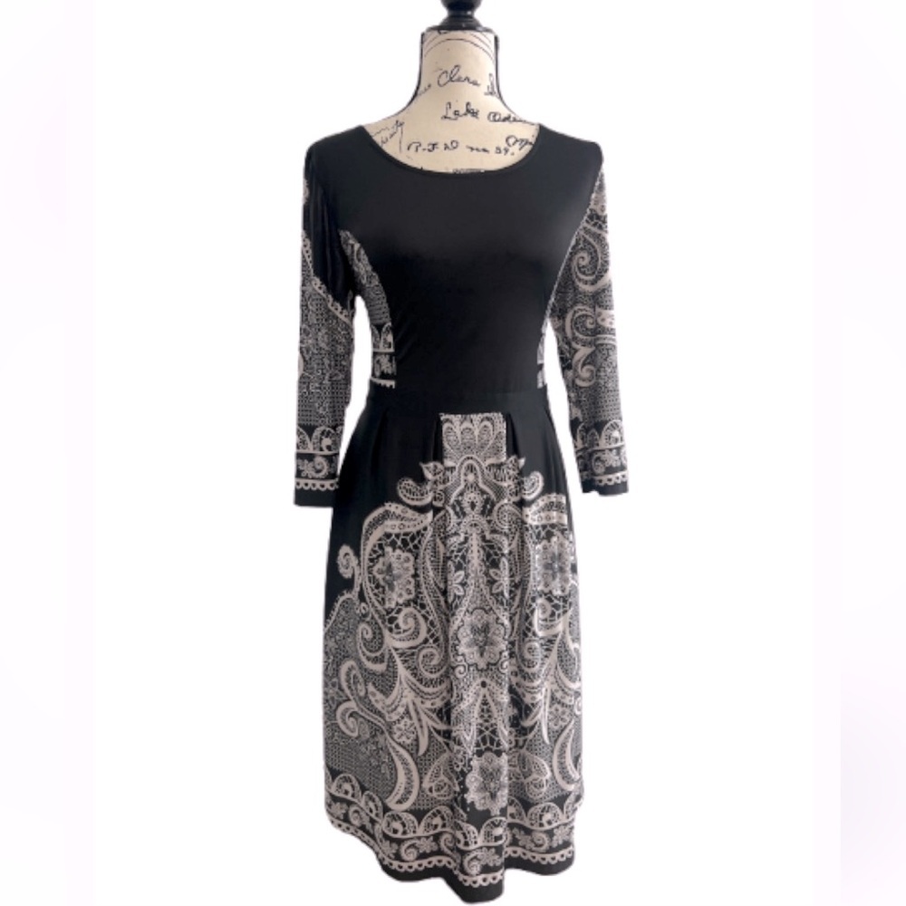 Reborn Black & White Midi Dress Paisley Print   3/4 Sleeves Pockets Size Large‎